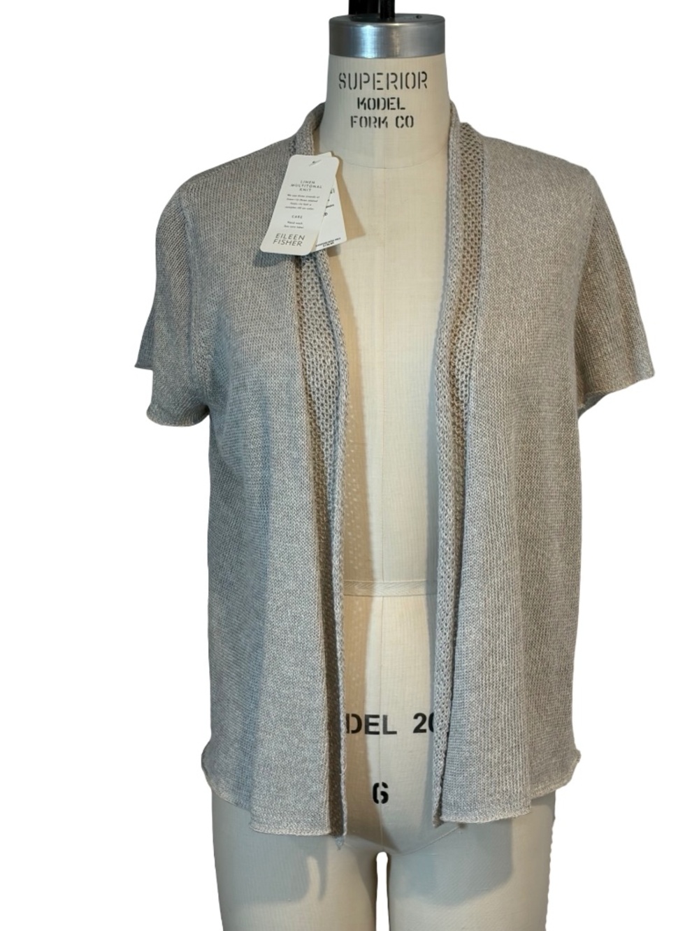 NWT Eileen Fisher Linen Open Front Short Sleeve Sweater Size MED Gray MSRP $158